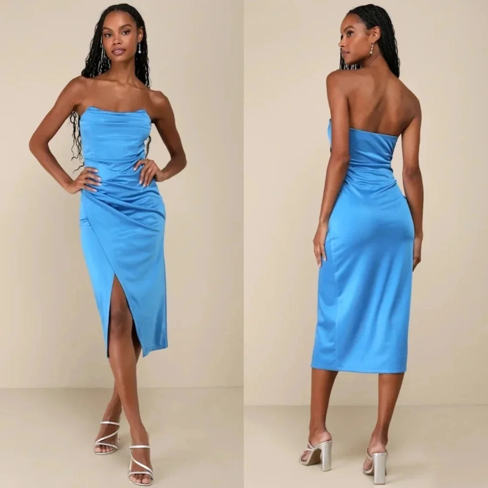 Lulu's Blue Strapless Midi Dress